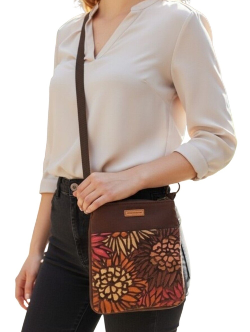 Floral Applique Brown Suede Crossbody Bag